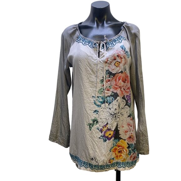 Johnny Was Grey & Multicolored Print Silk Blouse, Size Small - Picture 1 of 8